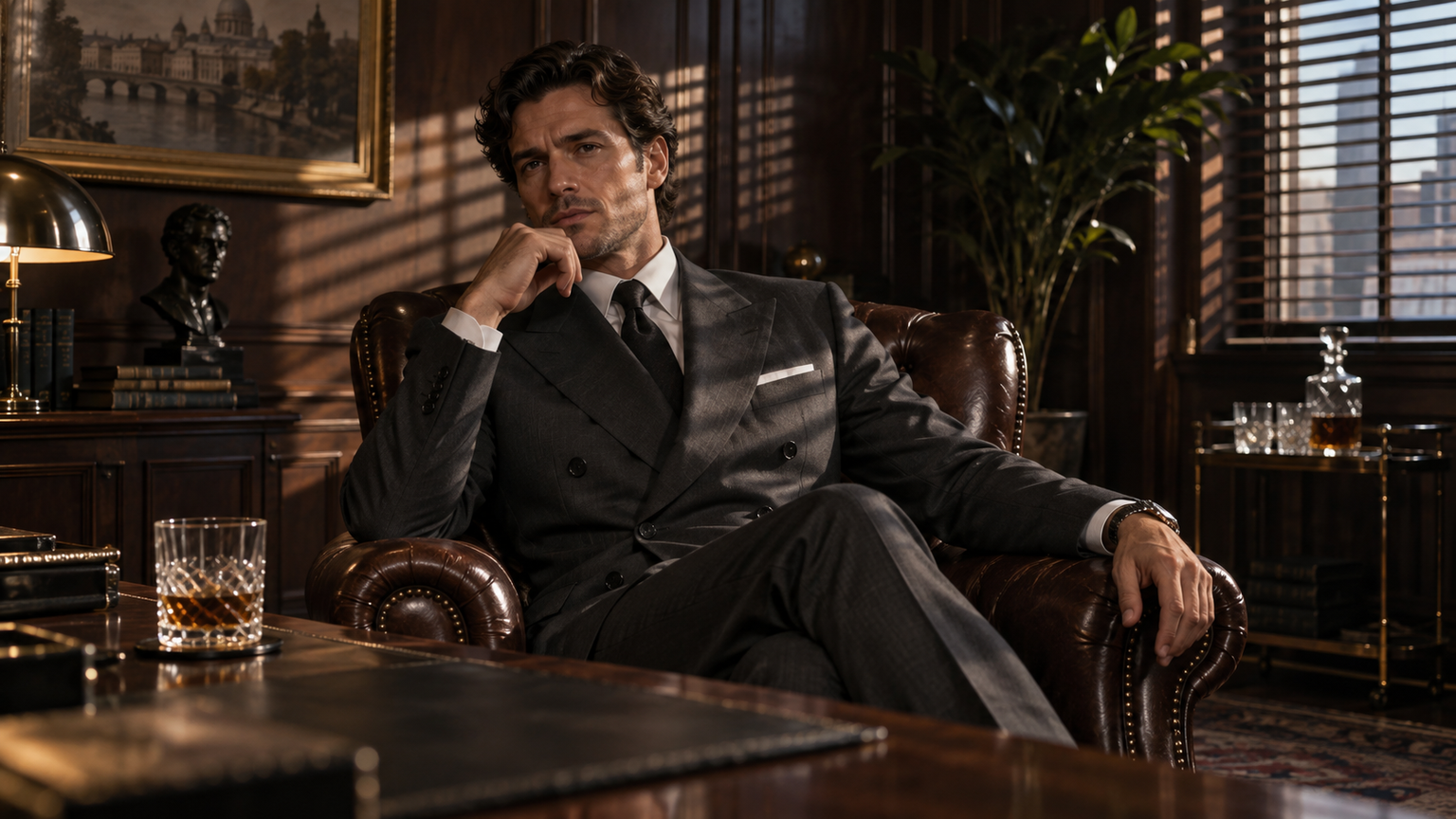 fictional crime-drama portraits built around tailored clothing, controlled posture, noir light, and non-violent atmosphere