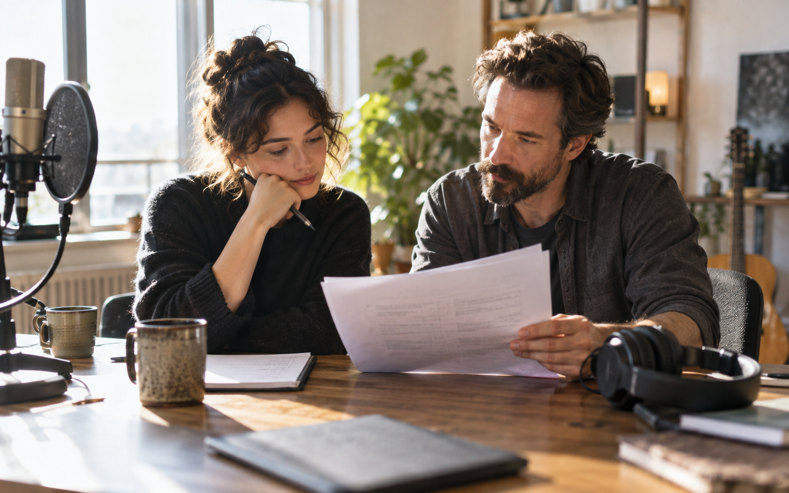 A voice performer and producer reviewing a script together at a sunlit desk, headphones set aside, thoughtful expressions rather than staged smiles.