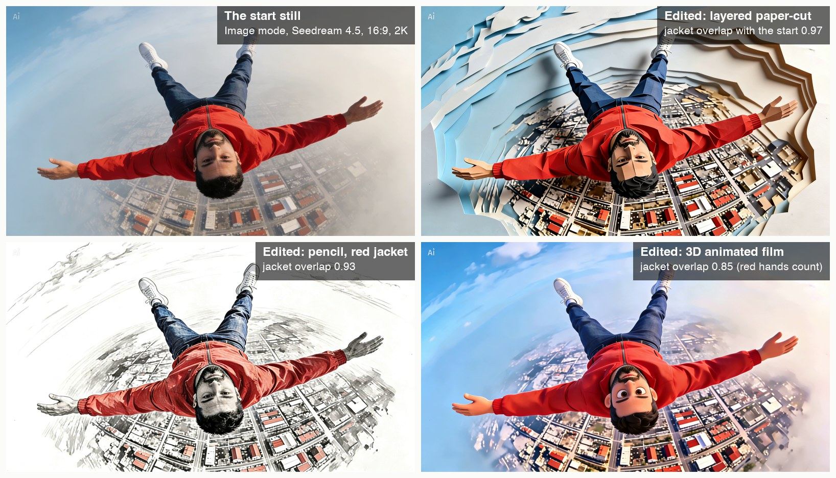 Four versions of the same falling man seen from above with his arms spread: a photograph over a city, a layered paper-cut with paper rings around the city, a pencil drawing with a red jacket, and a 3D cartoon with large eyes.