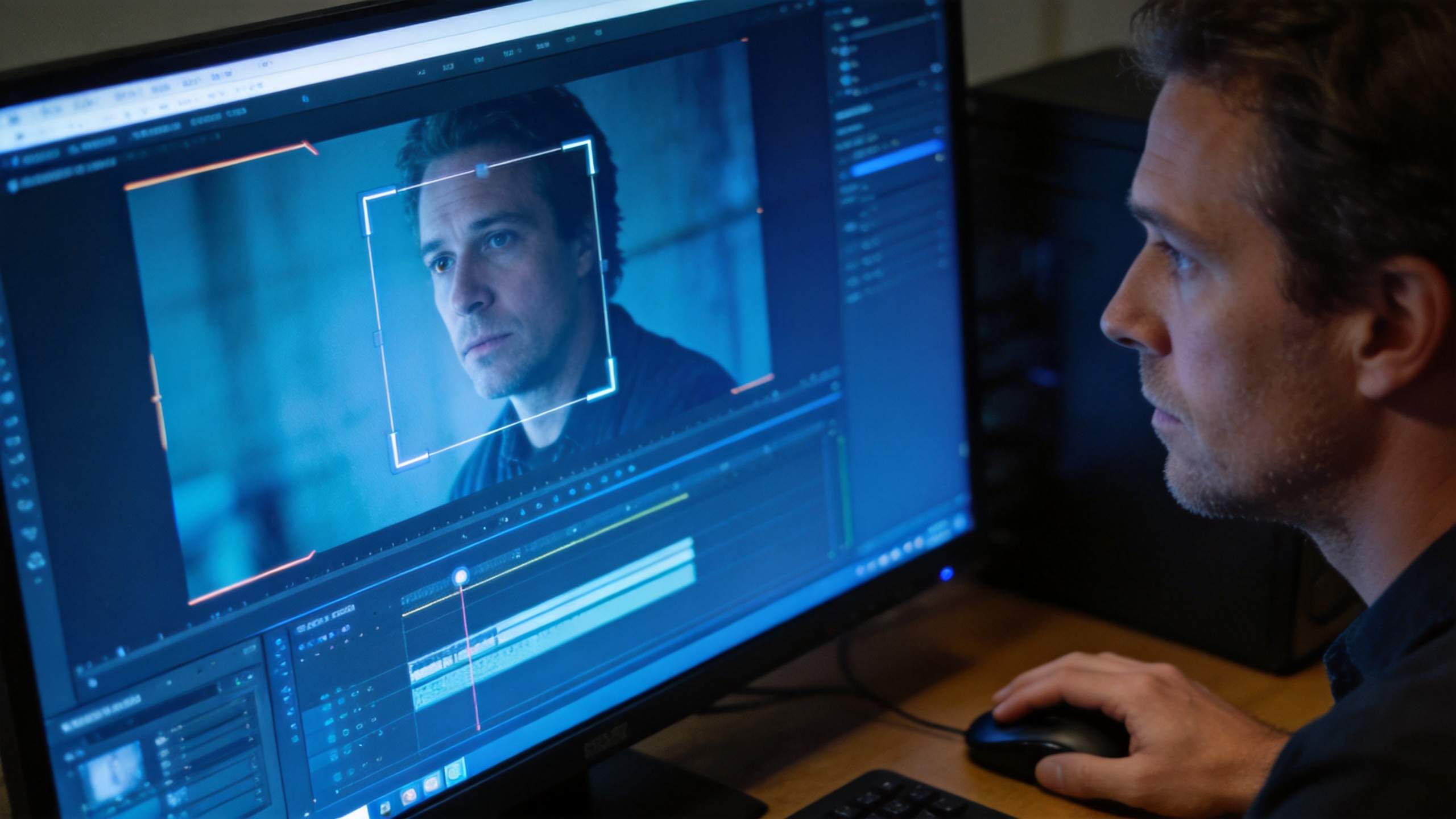 Video editor reviewing a man's face on a monitor with timeline and crop box