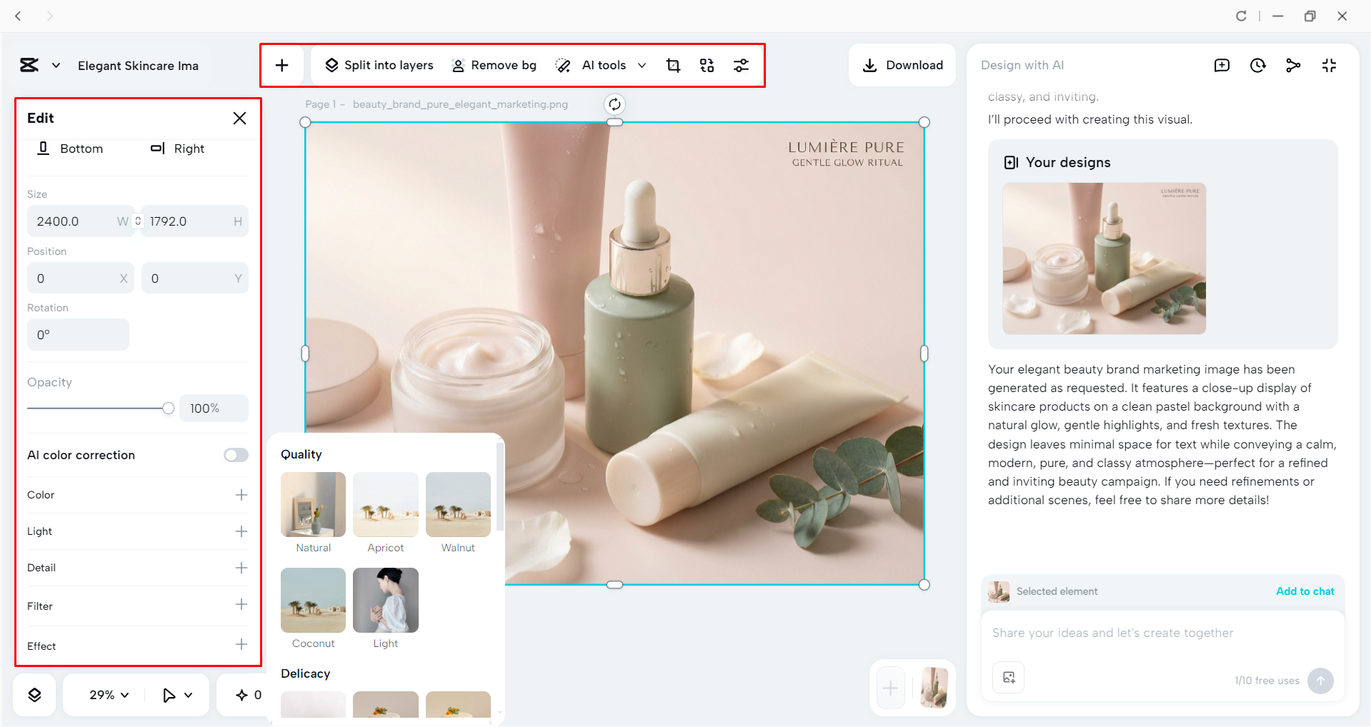 Editing the AI-generated image in the CapCut desktop video editor