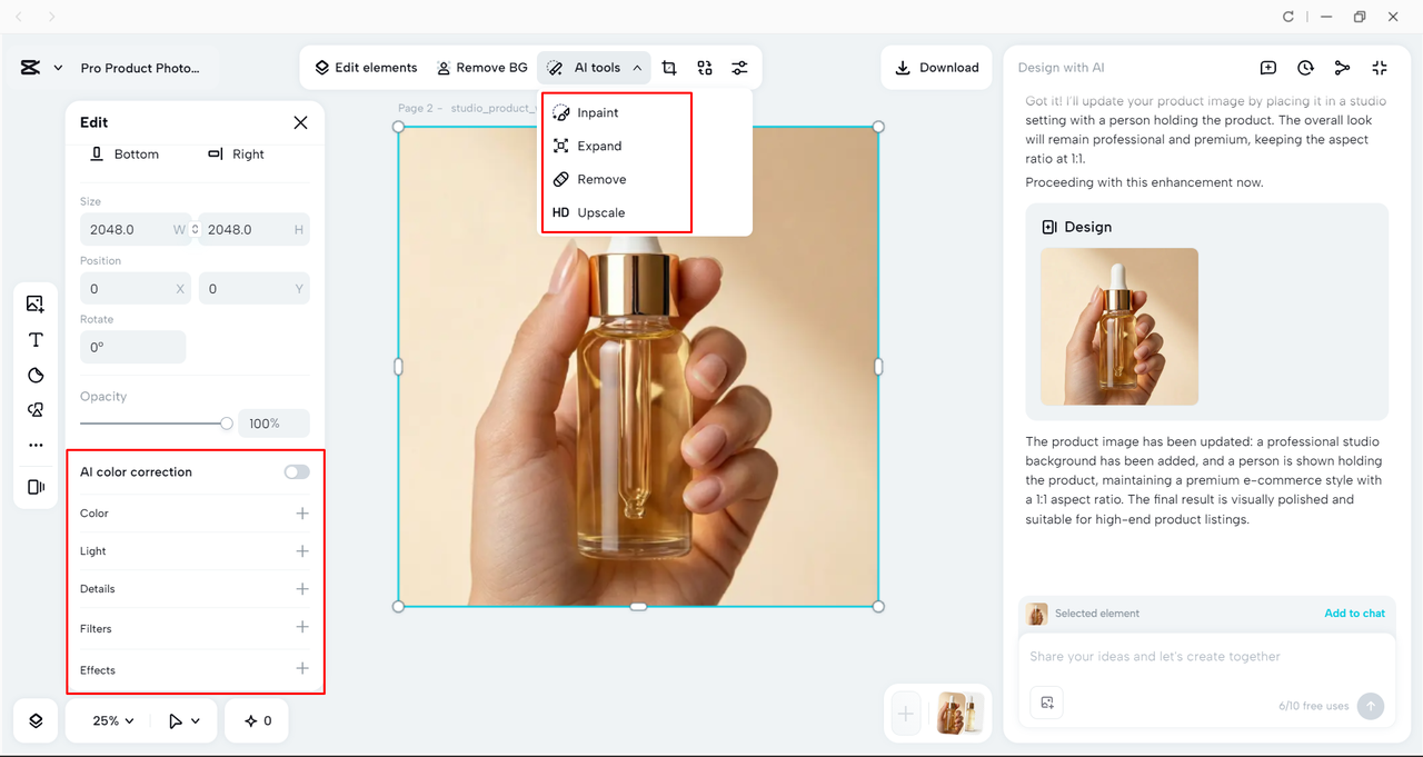 Editing the AI-generated image with the CapCut desktop video editor 
