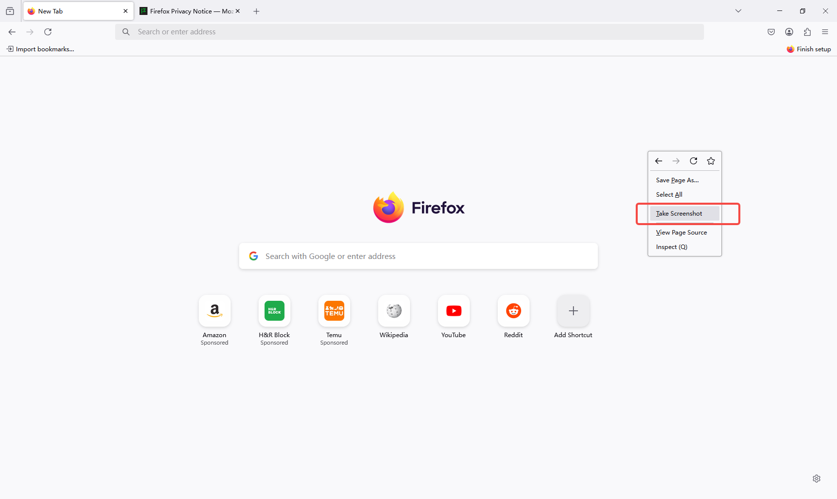 Accessing Firefox screenshot tool