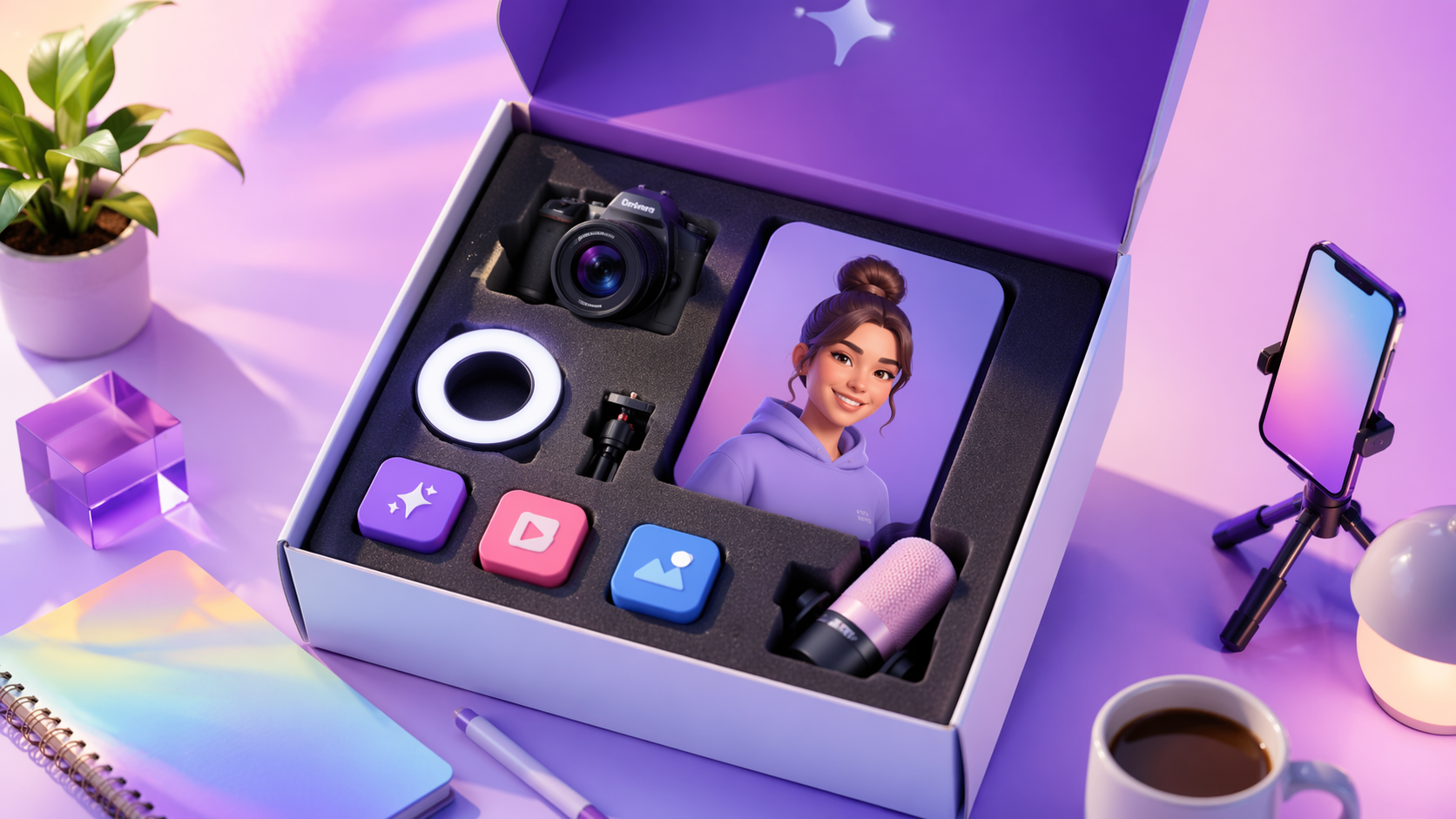 Curated AI starter pack box with mini lifestyle objects and creator tools.