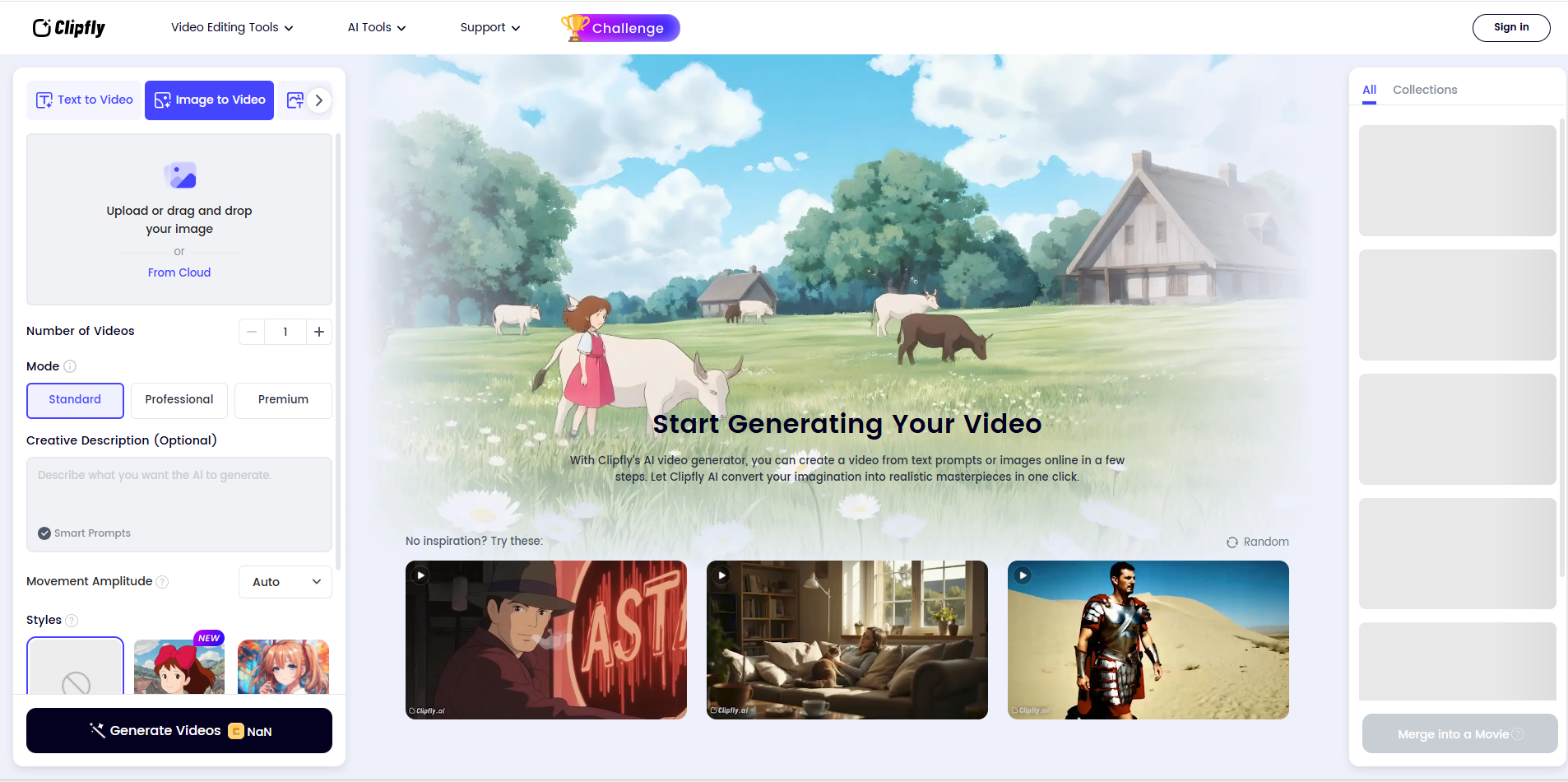 อินเทอร์เฟซของ Clipfly - ผู้ผลิตวิดีโอภาพถ่าย AI ที่มีค่า