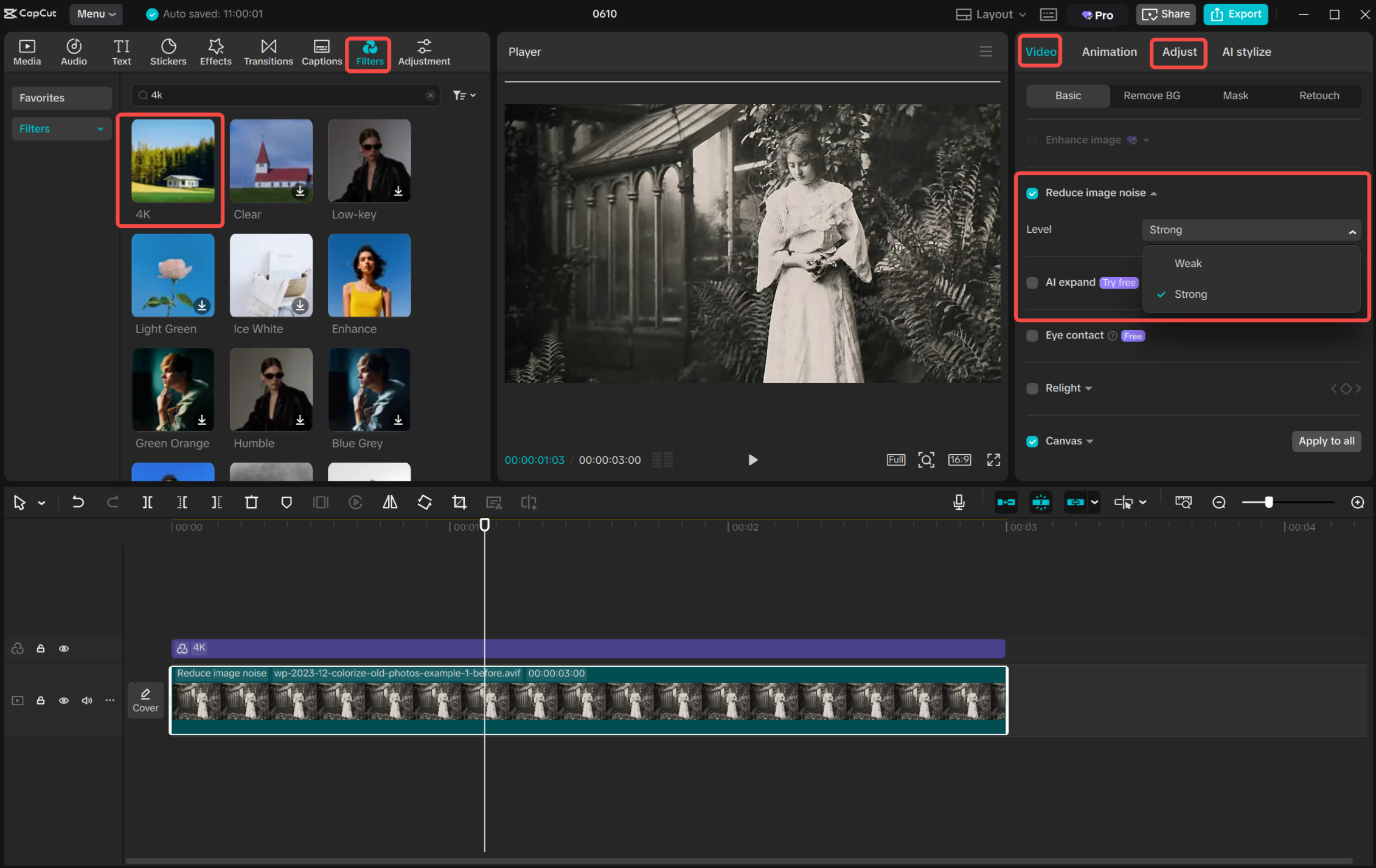 Denoising image with the CapCut desktop video editor