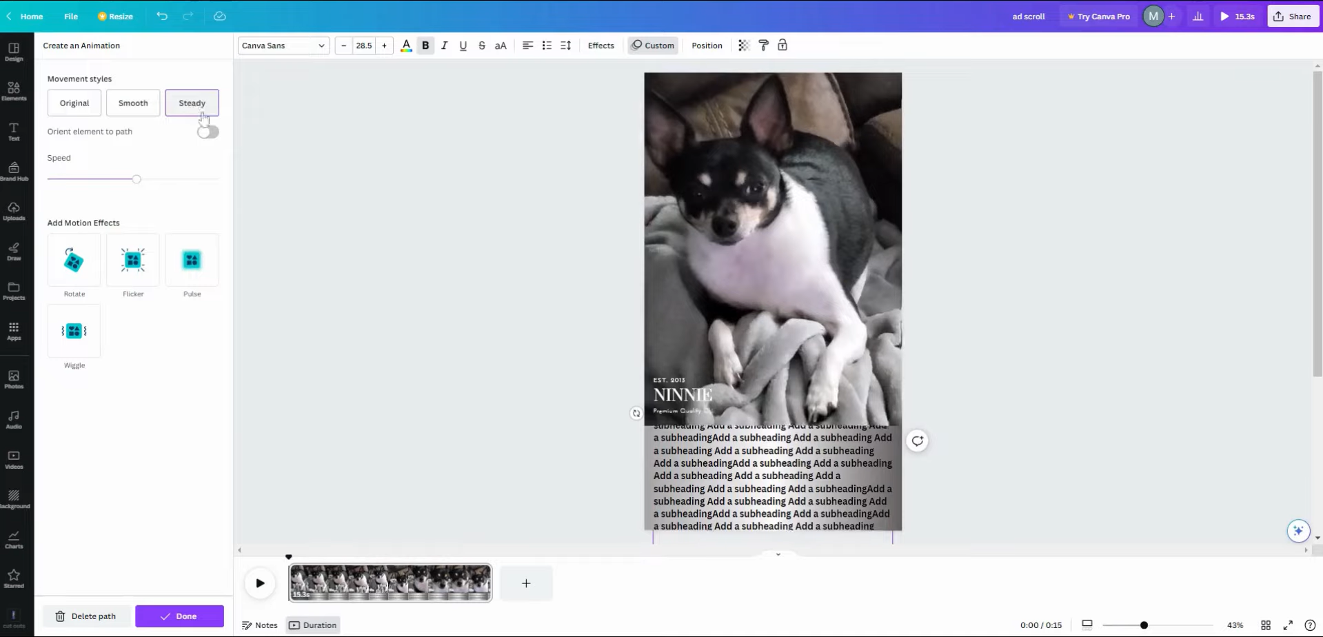 Interface of Canva - another free online scrolling text maker