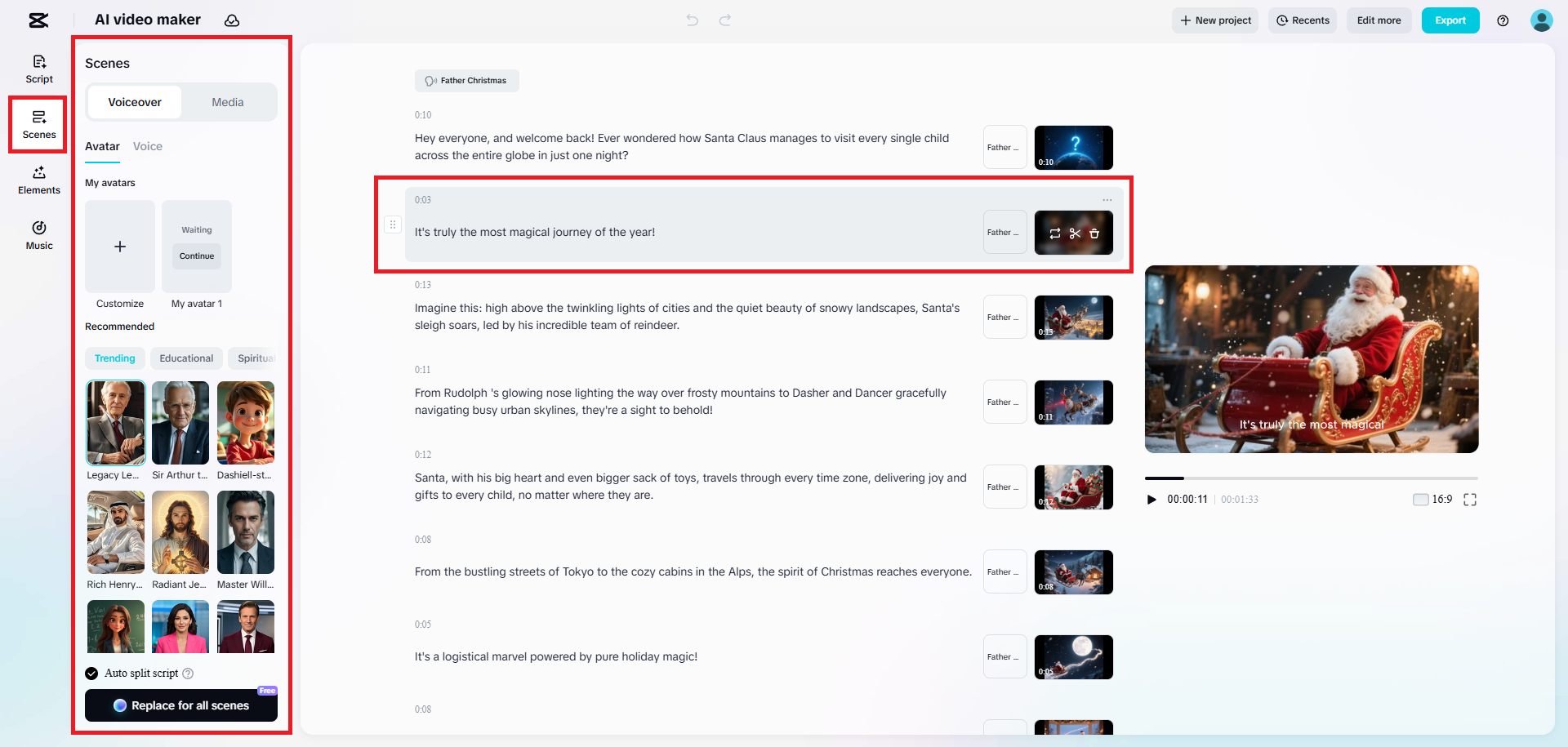 스크립트, 미디어, 아바타 또는 음성을 편집하세요.