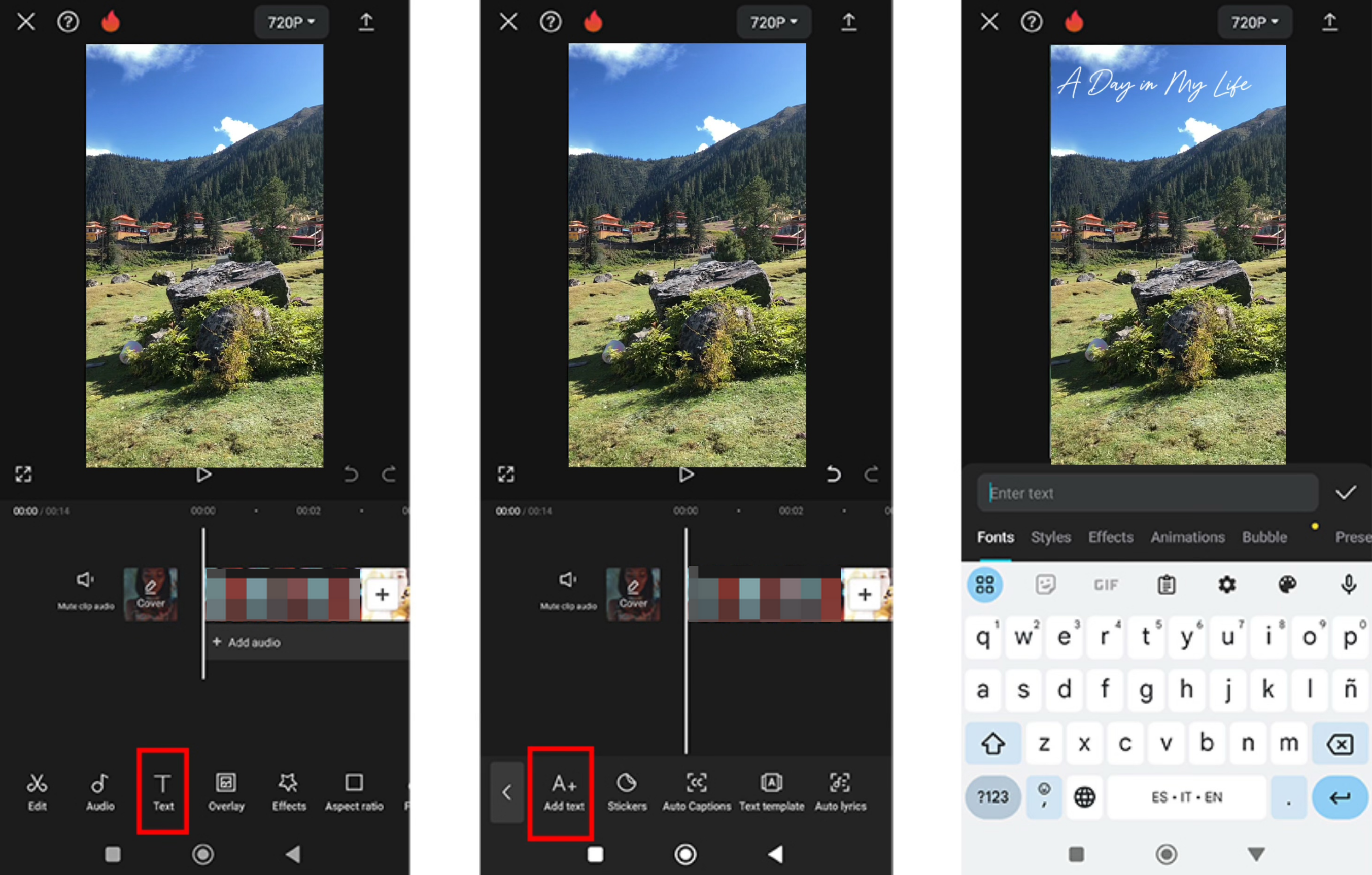 Interface of CapCut mobile video editor showing how to write text on videos