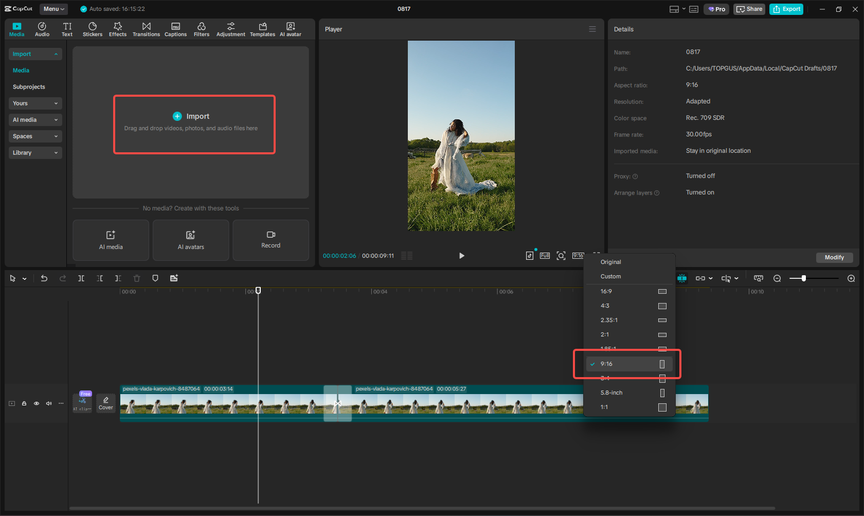 Import fail media ke CapCut