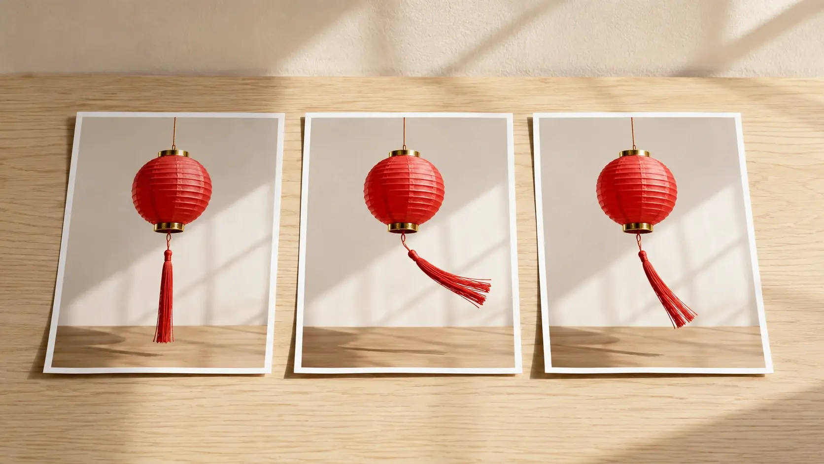 Three physical lantern prints show a still tassel followed by a wide swing and a gentler settled angle