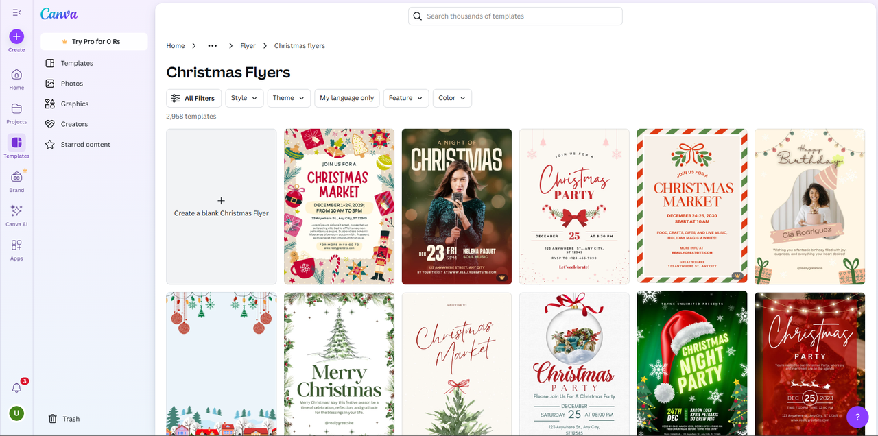Interface of Canva - a tool to customize Christmas flyer templates