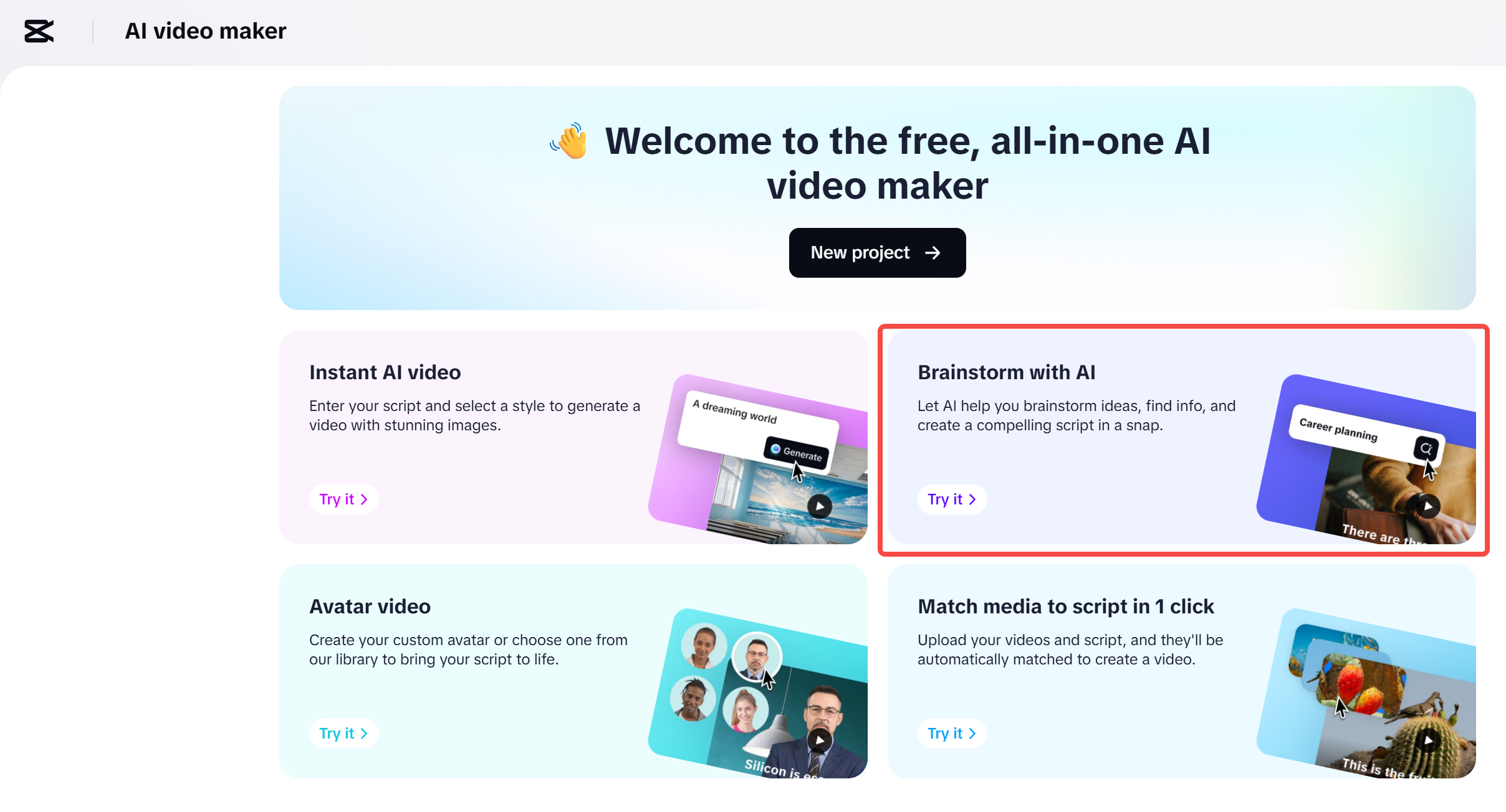 Images revealing how to make a mind map using Brainstorm with AI on the CapCut web