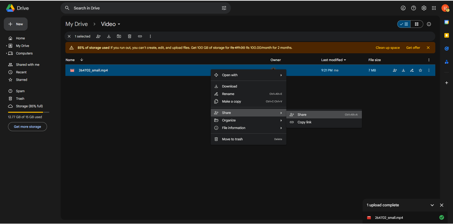 Uploading a video to Google Drive