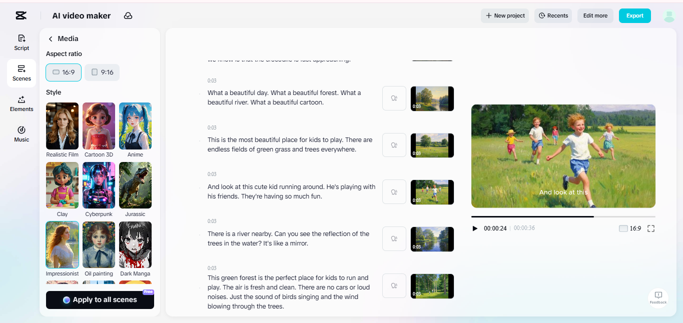 The interface of the CapCut online video editor featuring its AI video maker tool