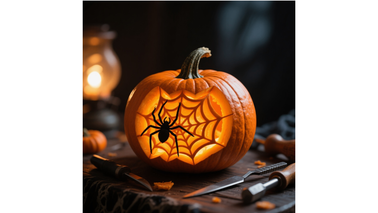 A spider web design carved on the pumpkin