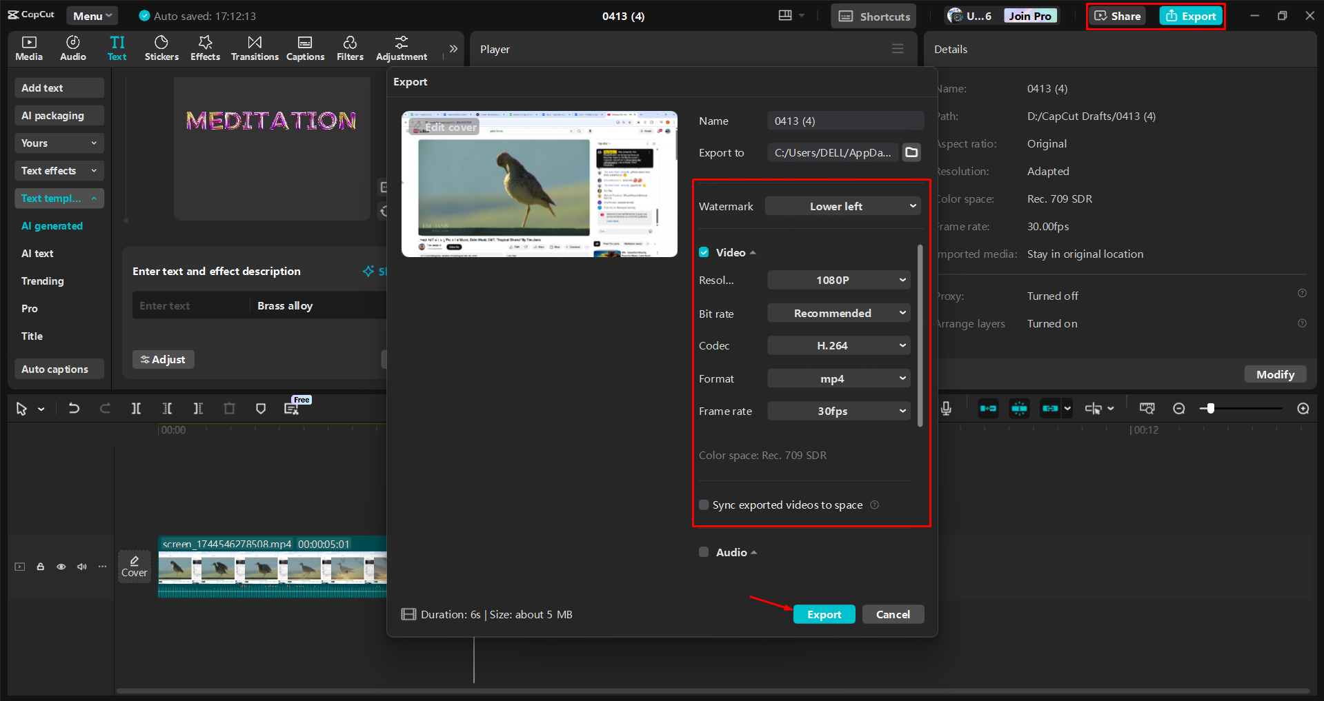 Exporting a video from the CapCut desktop video editor