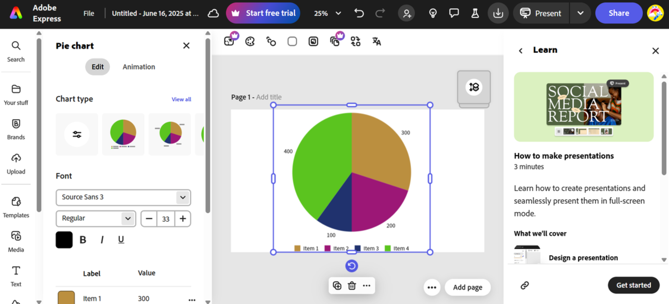 Interface of Adobe Express - a reliable pie chart generator