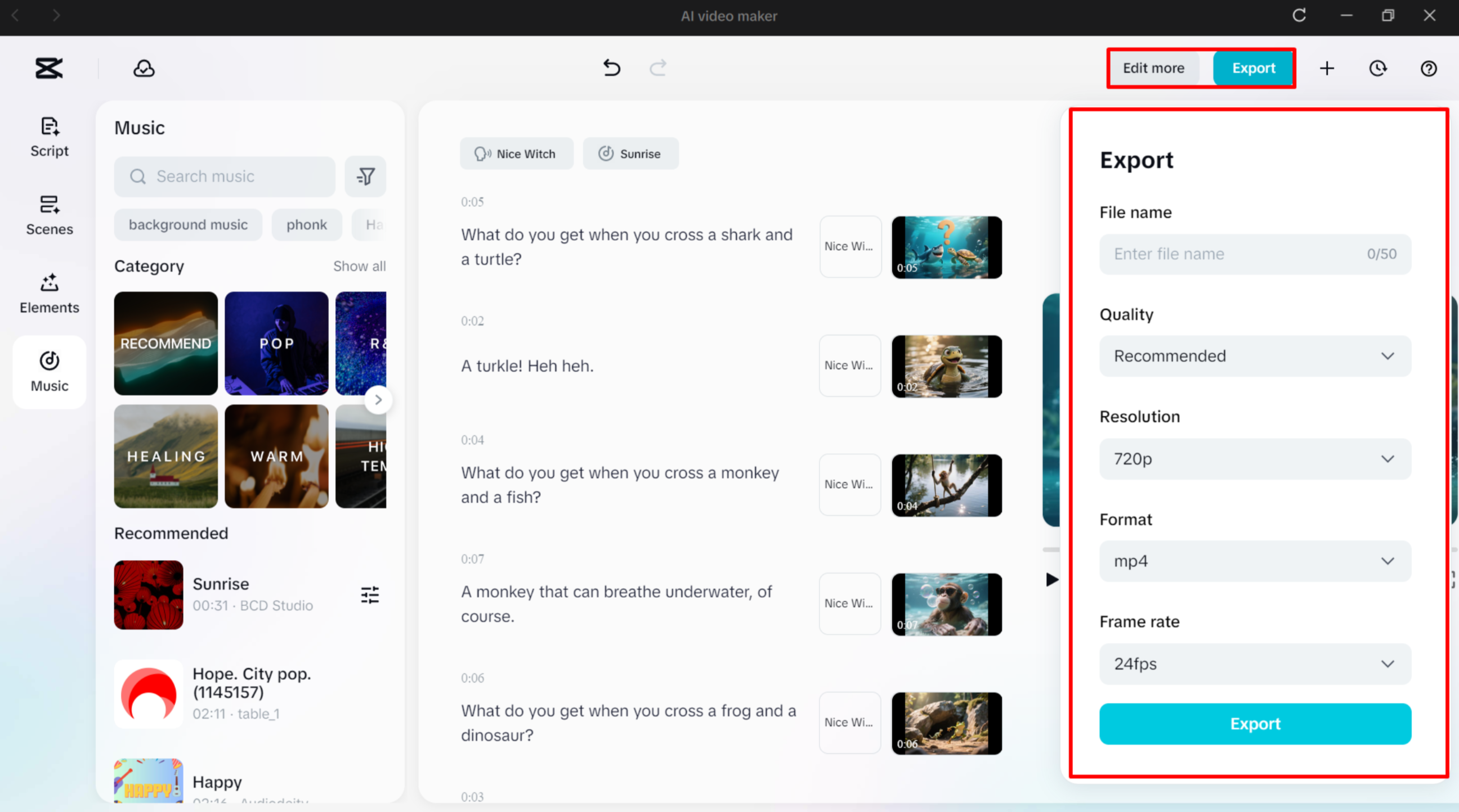 Exporting the video from CapCut's AI video maker