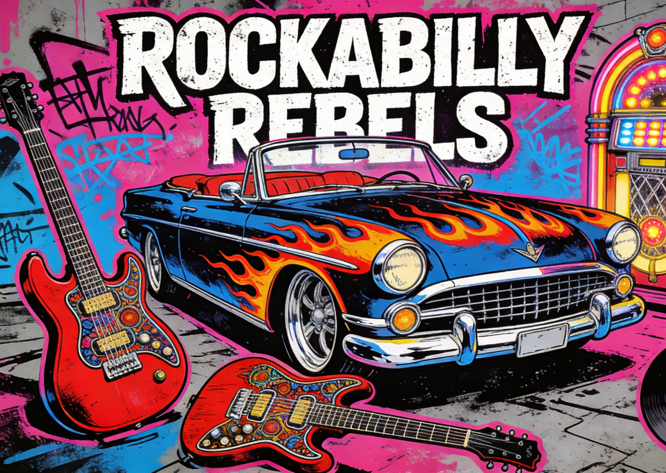 A vibrant rockabilly-inspired street art doodle