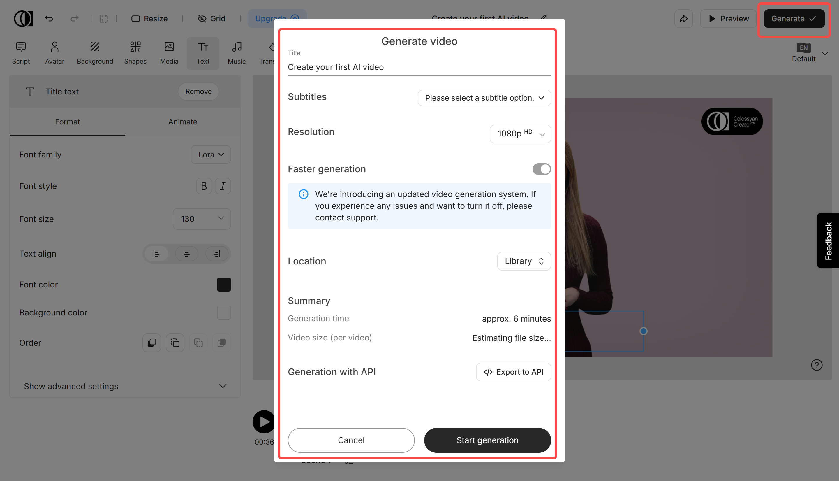 Generating the final video in Colossyan Creator