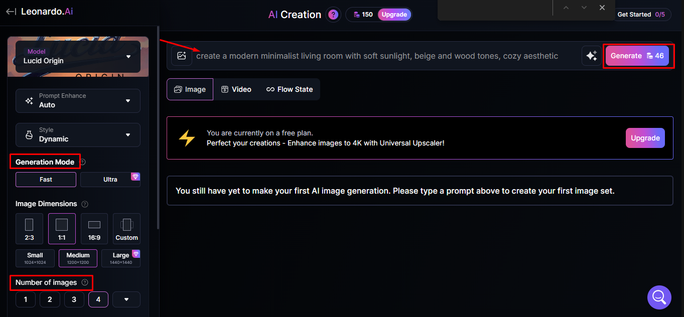 Leonardo AI prompt box for typing image description