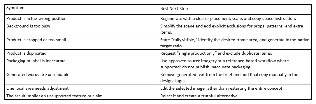 Table listing symptoms and best next steps for AI ad creative issues