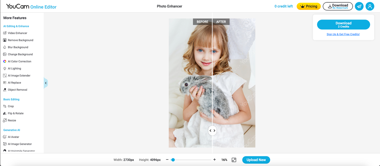 YouCam 온라인 사진 향상기 페이지