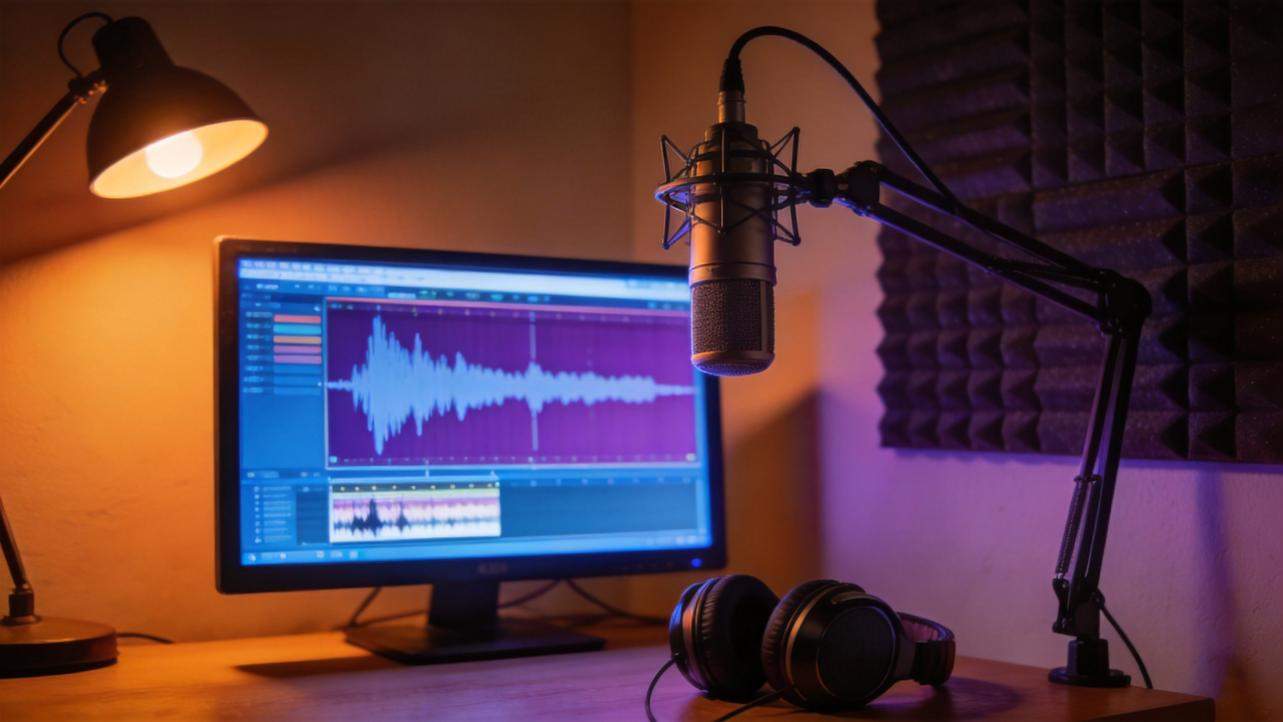 Studio microphone beside monitor showing audio waveform, with headphones on the desk