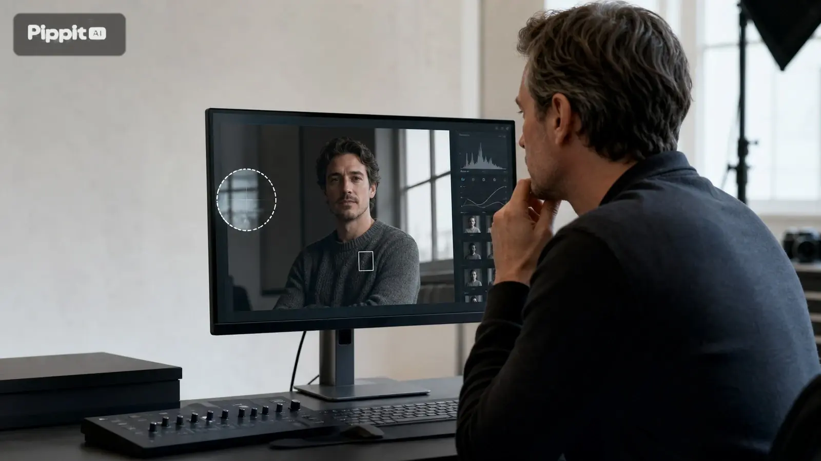 Uomo che esamina una modifica del volto su un monitor di computer in uno studio di editing video