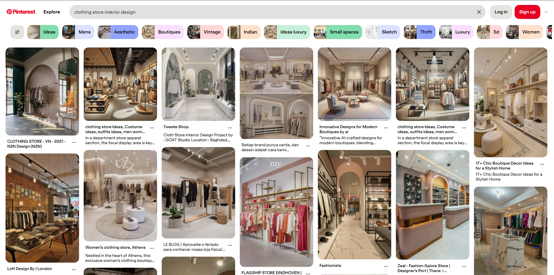 Interface of Pinterest - a platform to find interior designs for a clothing shop