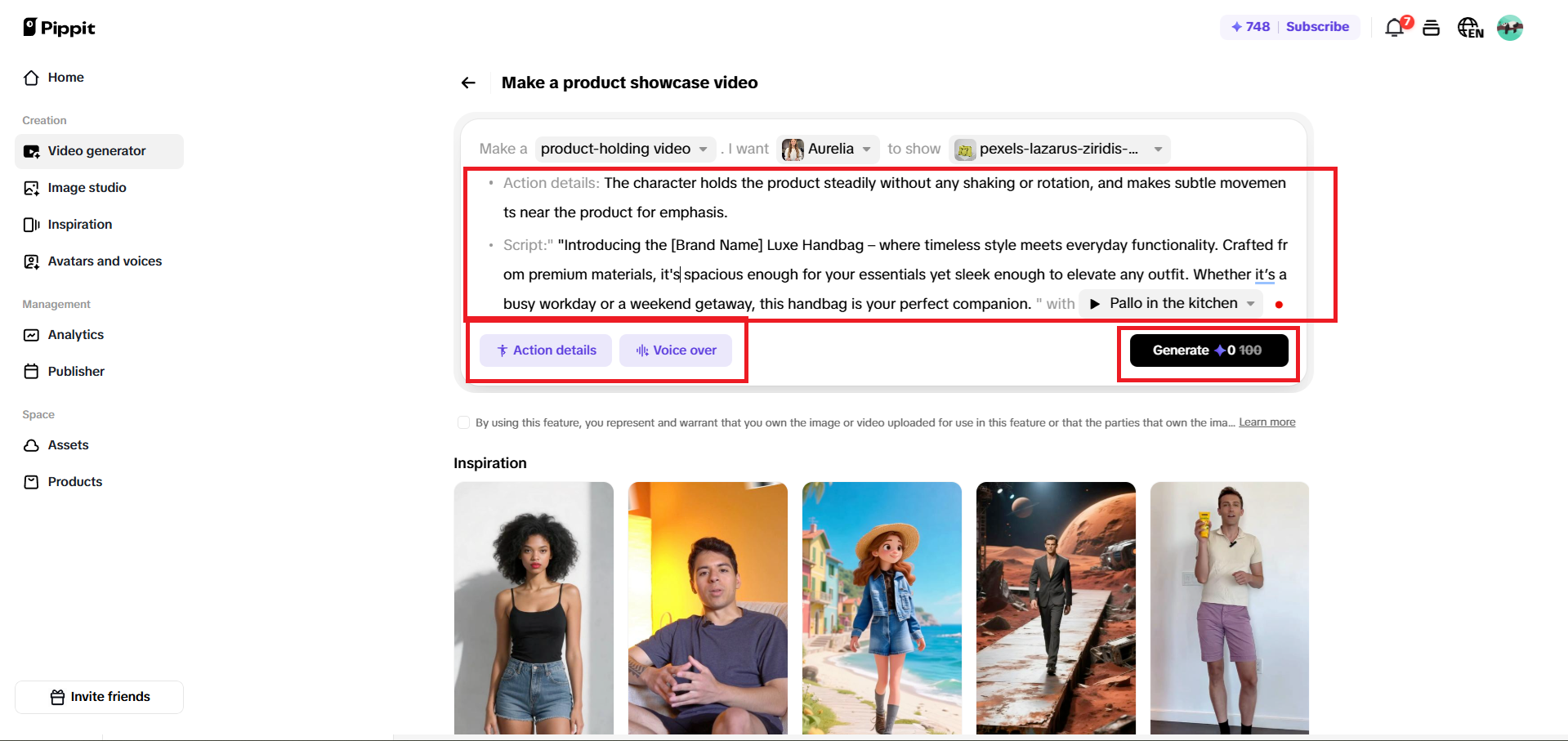 동작을 선택하고, 스크립트를 작성한 후, 보이스오버를 선택하세요
