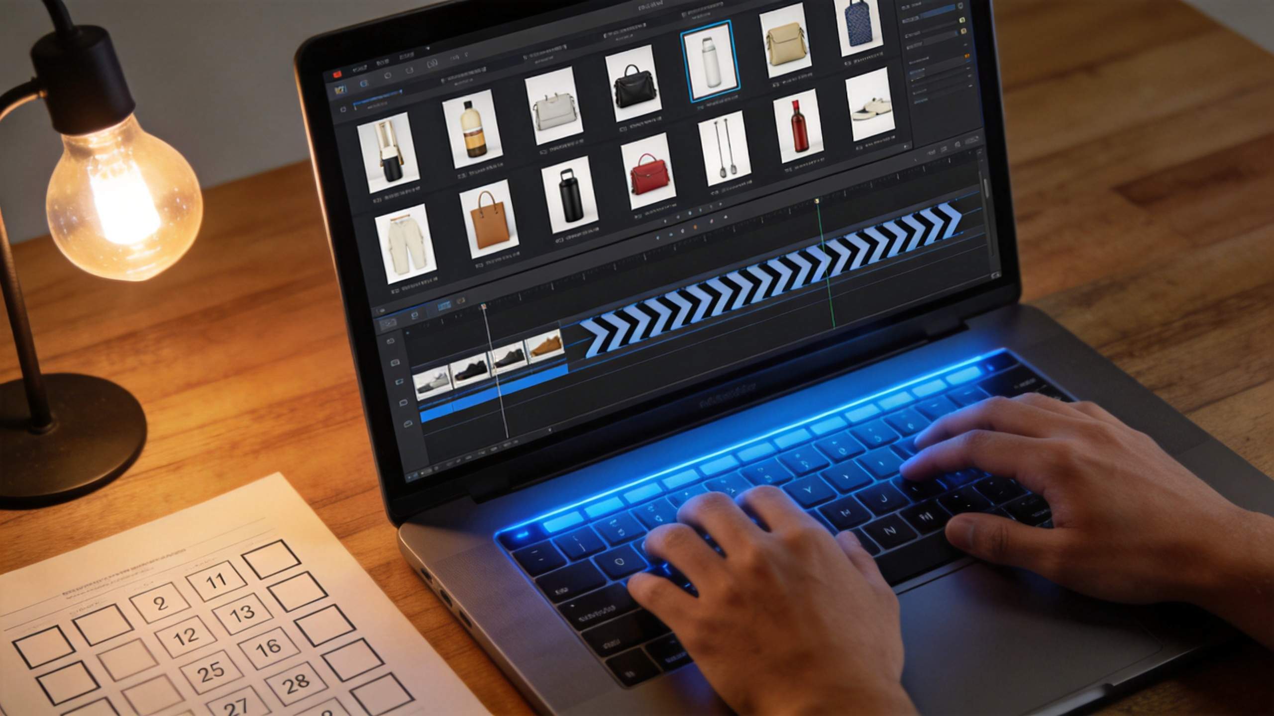 Hands editing product photos into a spin video on a laptop timeline