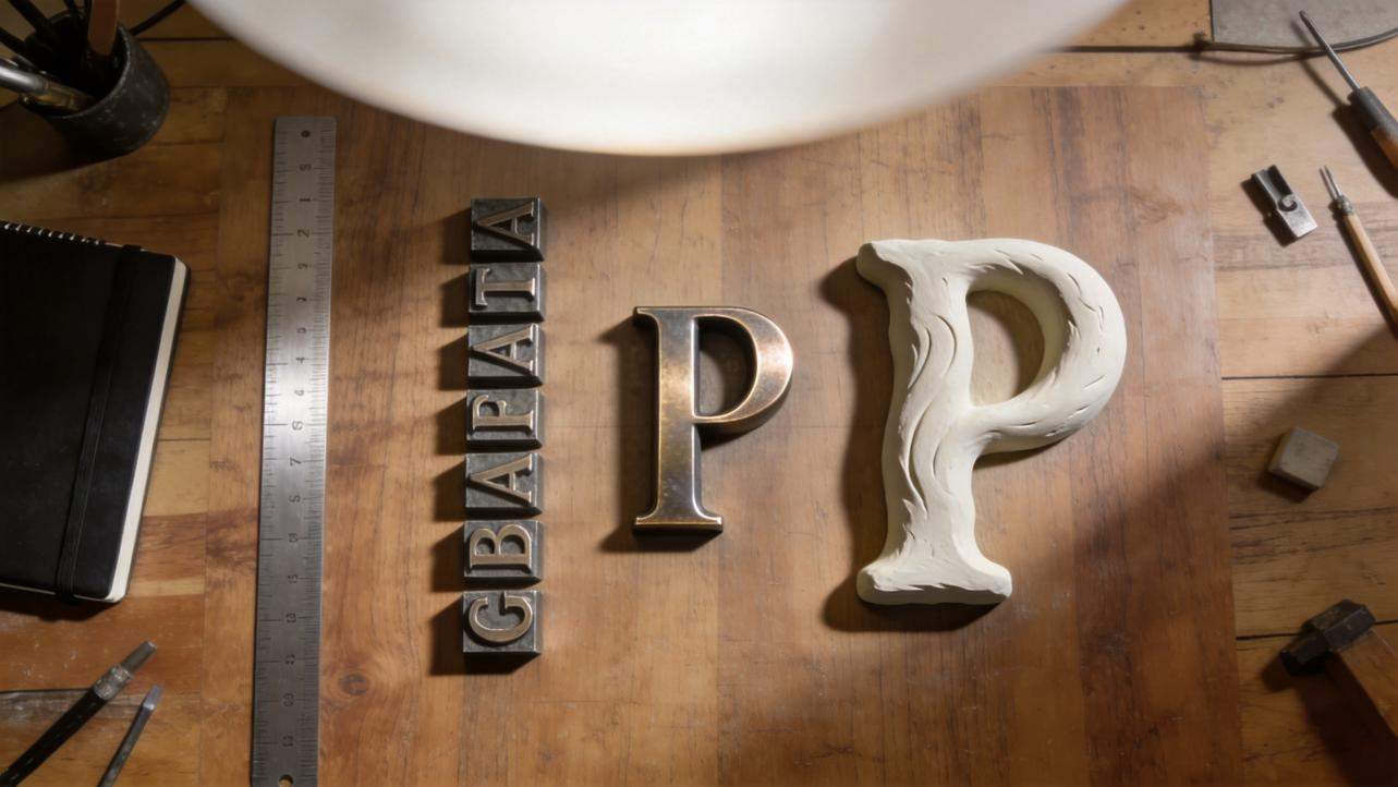 Three P letters in different styles on a wooden worktable, with tools around them
