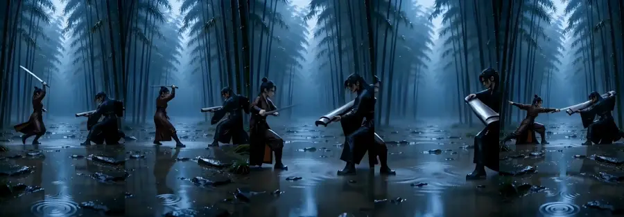 Four-frame strip of rising cut, diagonal cut, thrust and guqin blocks.