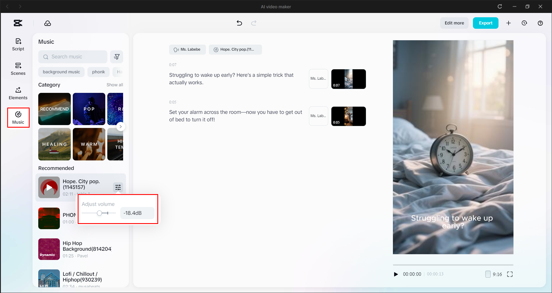 Adding music to the faceless TikTok video with the CapCut desktop video editor