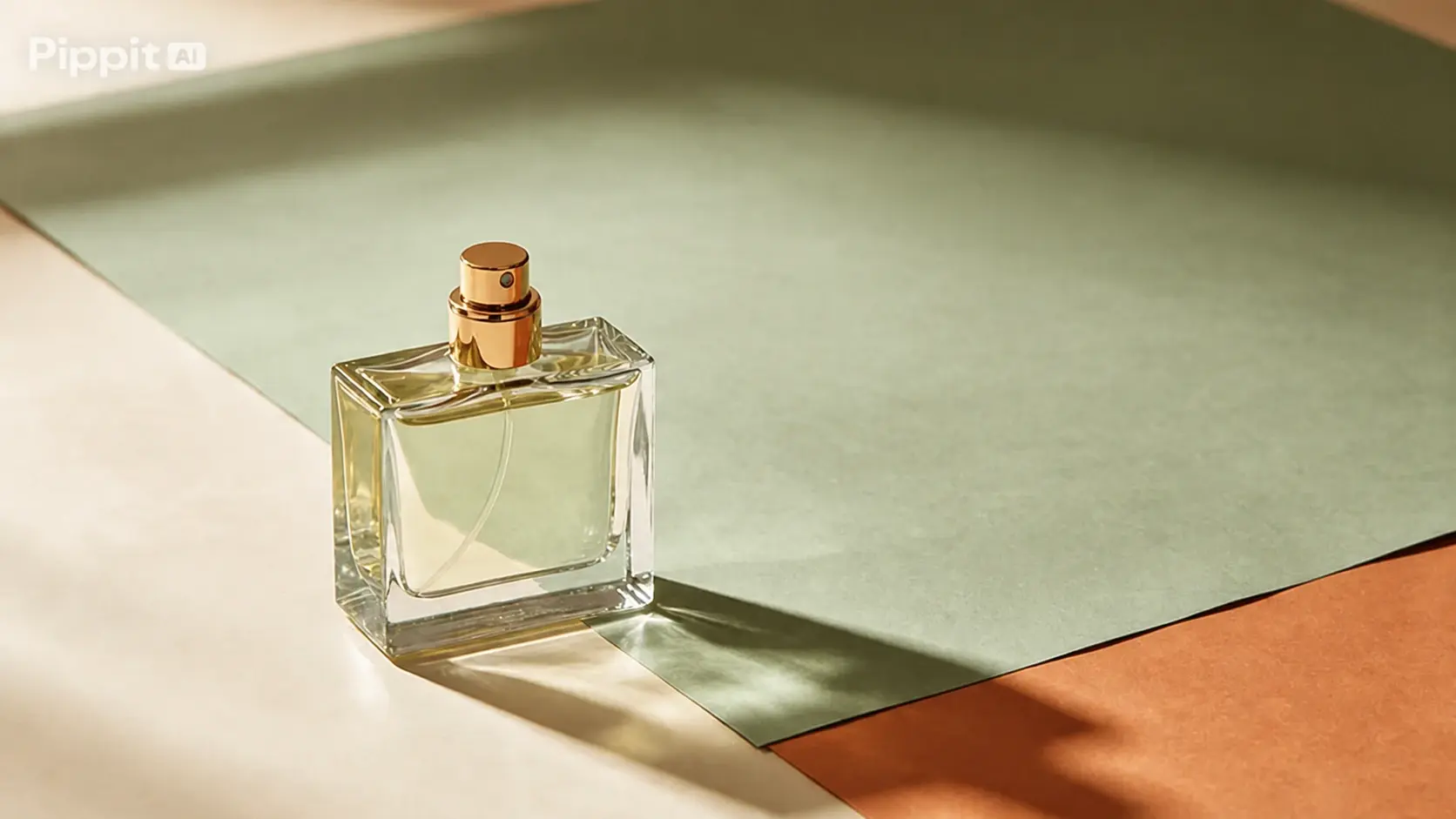 Clear perfume bottle with gold spray cap on layered pastel paper