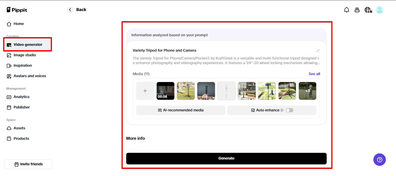 Generating video in Pippit