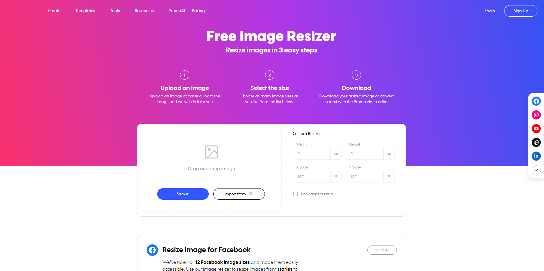 Interface de Promo - un outil efficace pour redimensionner des images pour Instagram