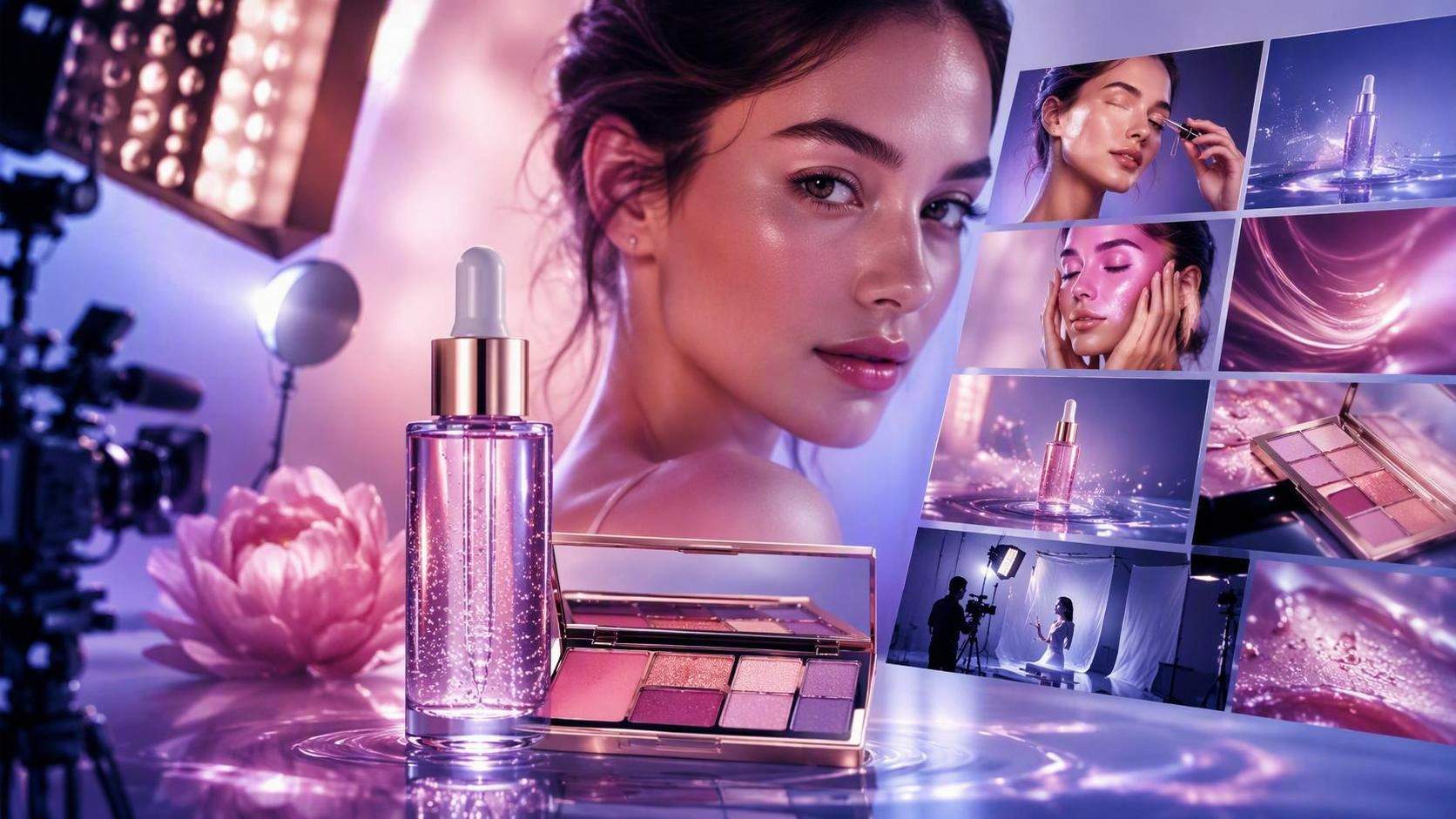 Luxury cosmetics AI video ad scene with beauty product commercial lighting and storyboard frames.