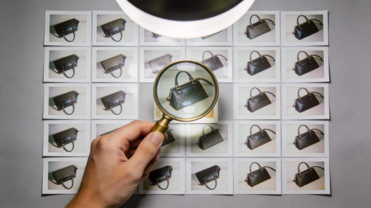 Hand holding a magnifying glass over a grid of handbag product photos