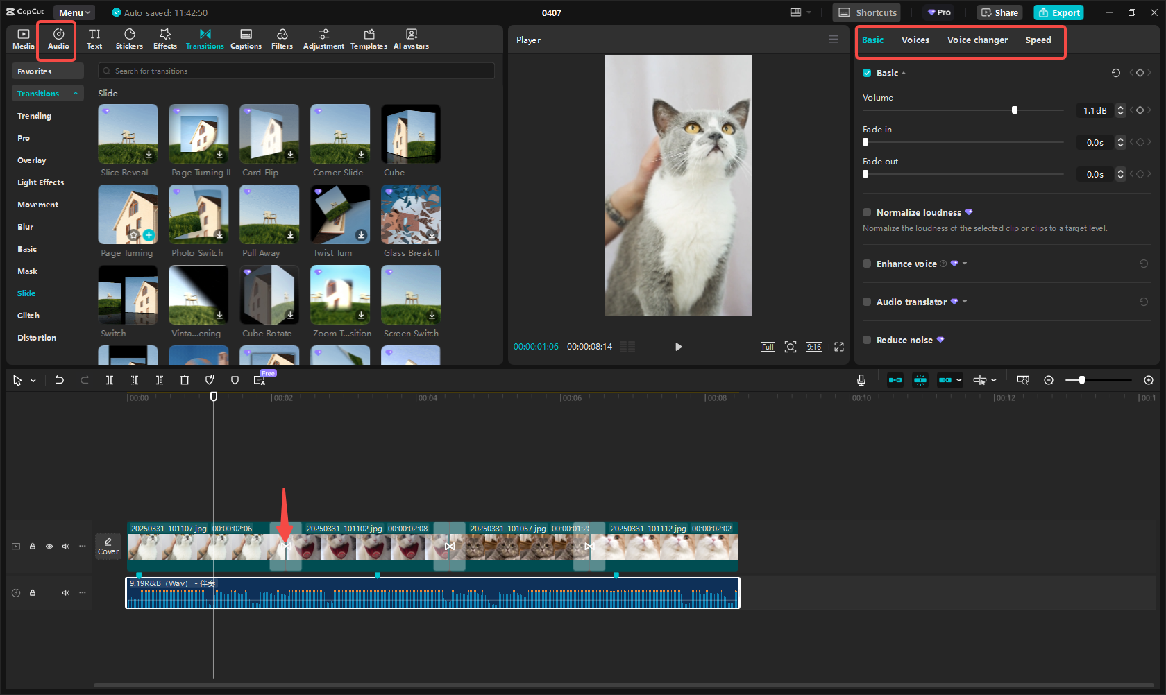 Editing the slideshow and adding music in CapCut