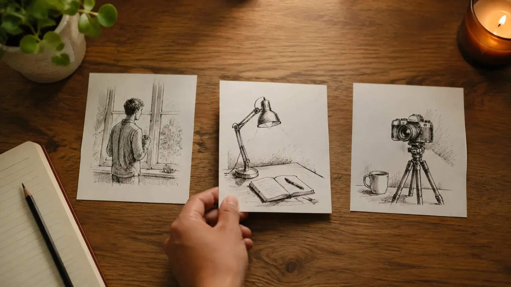 Three physical sketch cards for planning a window moment desk-light moment and camera moment