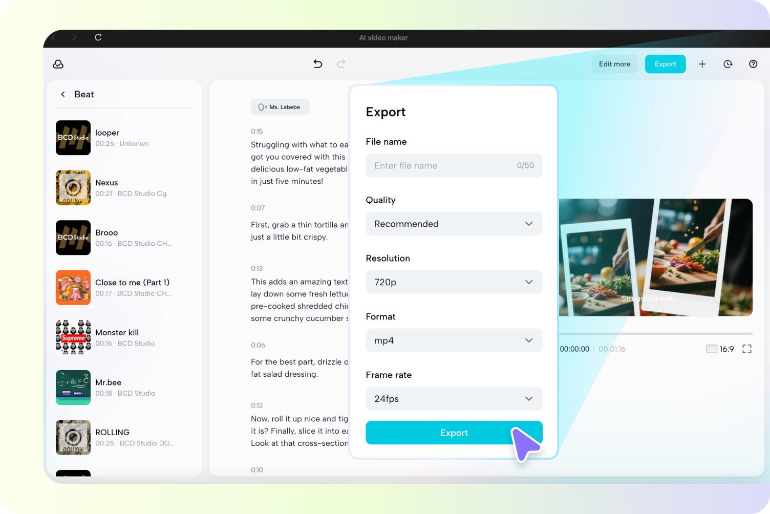 Exporting the final video from CapCaut's storyboard creator