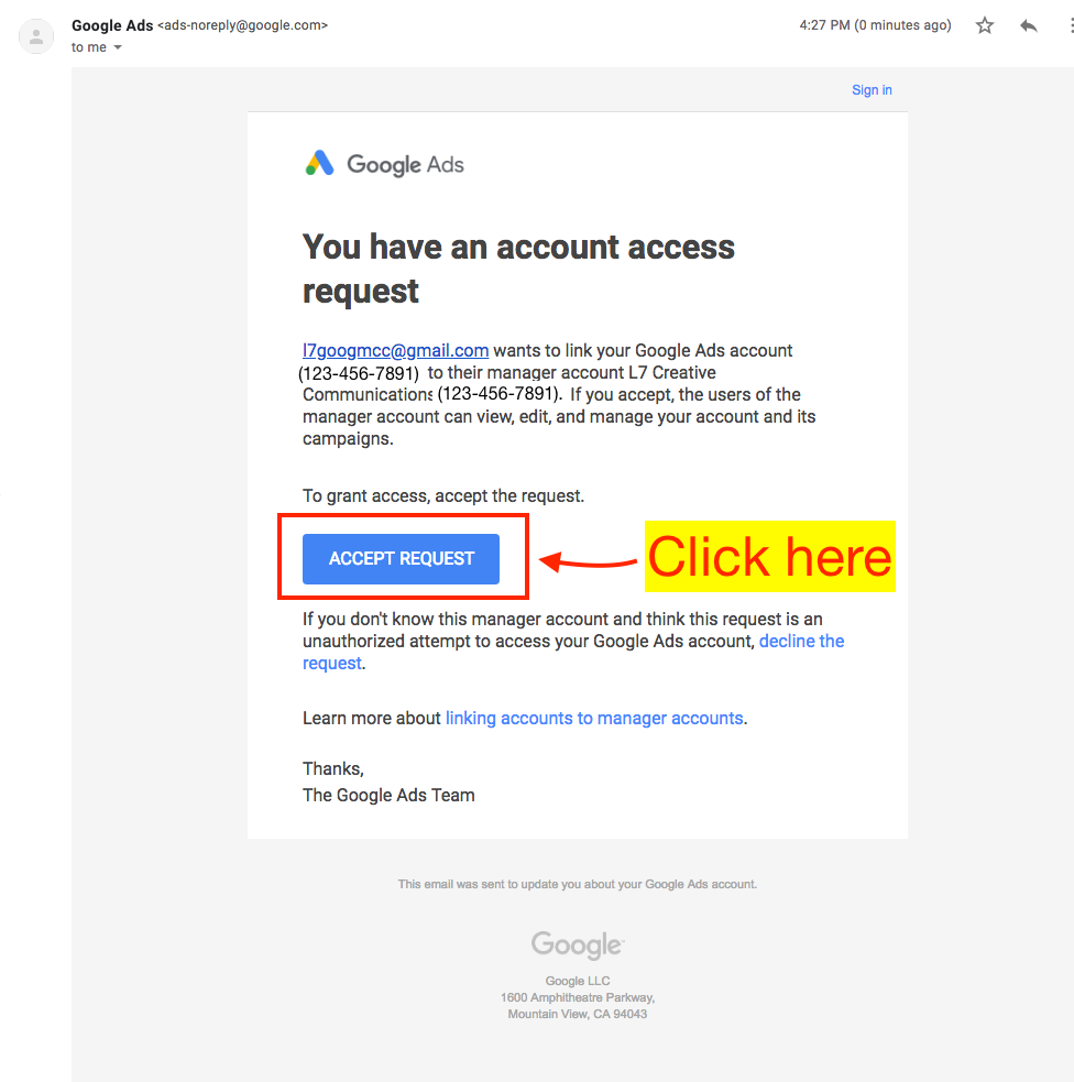 Approving the request to link the YouTube channel to Google Ads
