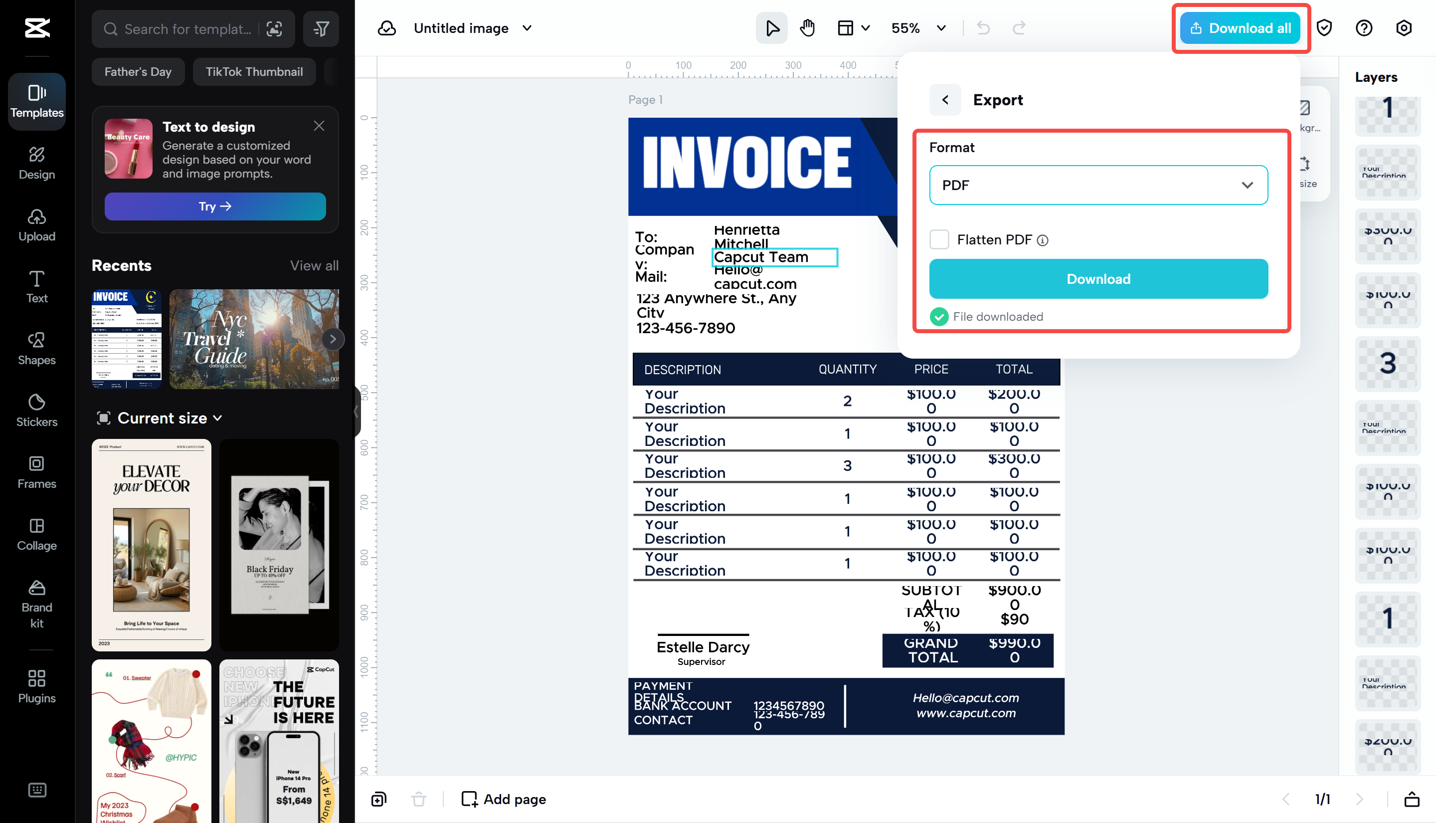 Exporting the invoice from CapCut Web