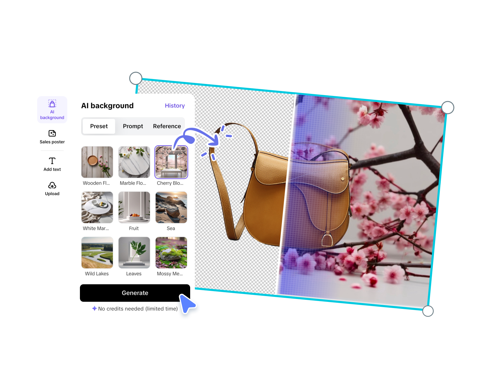 Side-by-side comparison: a product on a plain background vs. the same product using Pippit's AI Background feature in an aspirational lifestyle setting