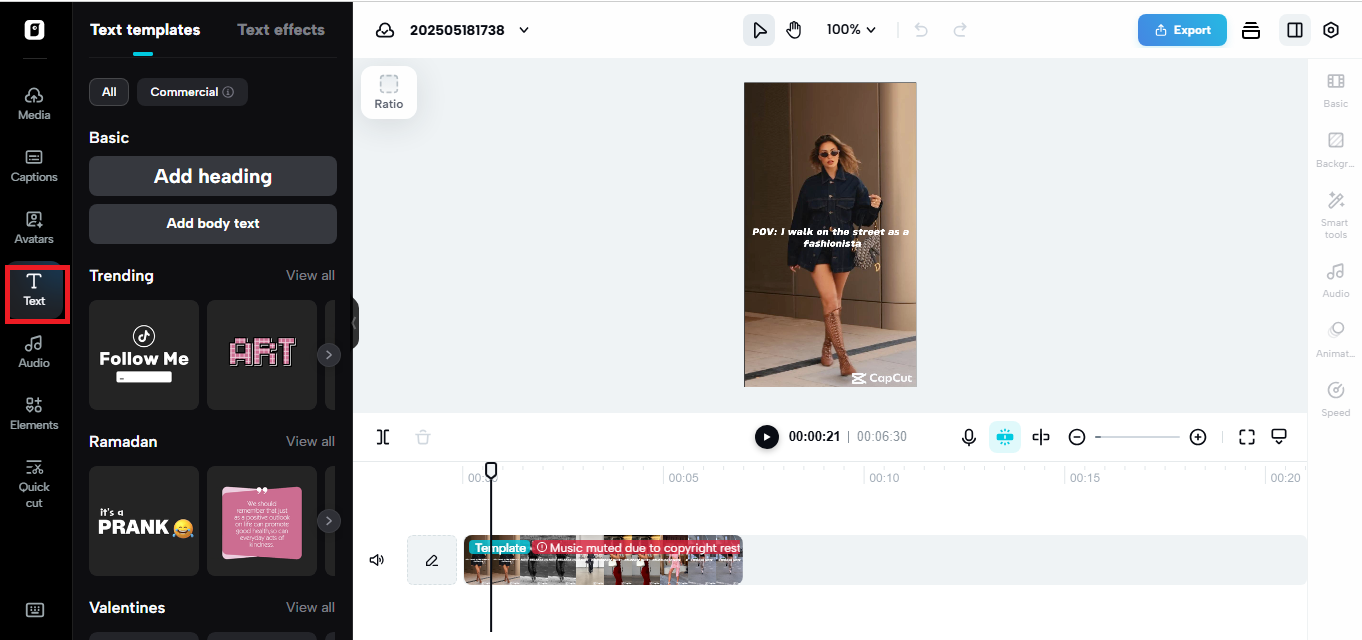 Text options in Pippit's video editor