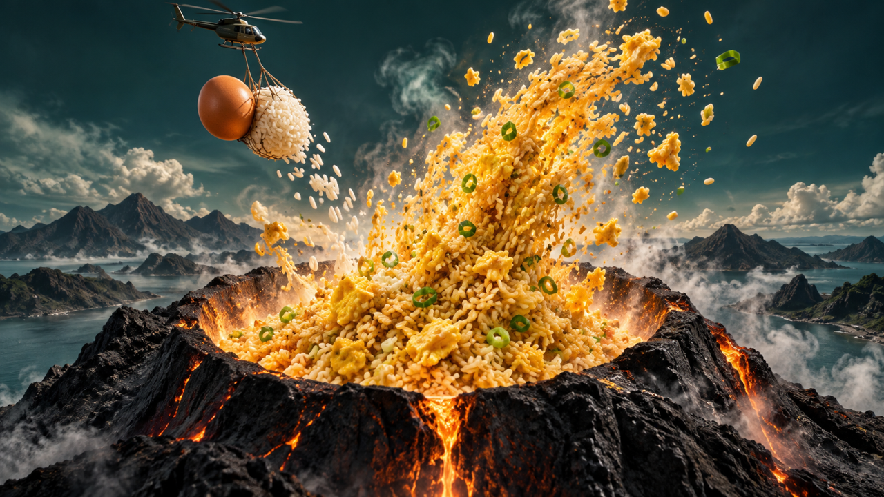 Small cargo helicopter above a dark volcanic bowl, giant egg and white rice as the incoming ingredients, spectacular suspended golden fried-rice eruption with distinct grains, cinematic luxury food-ad fantasy.