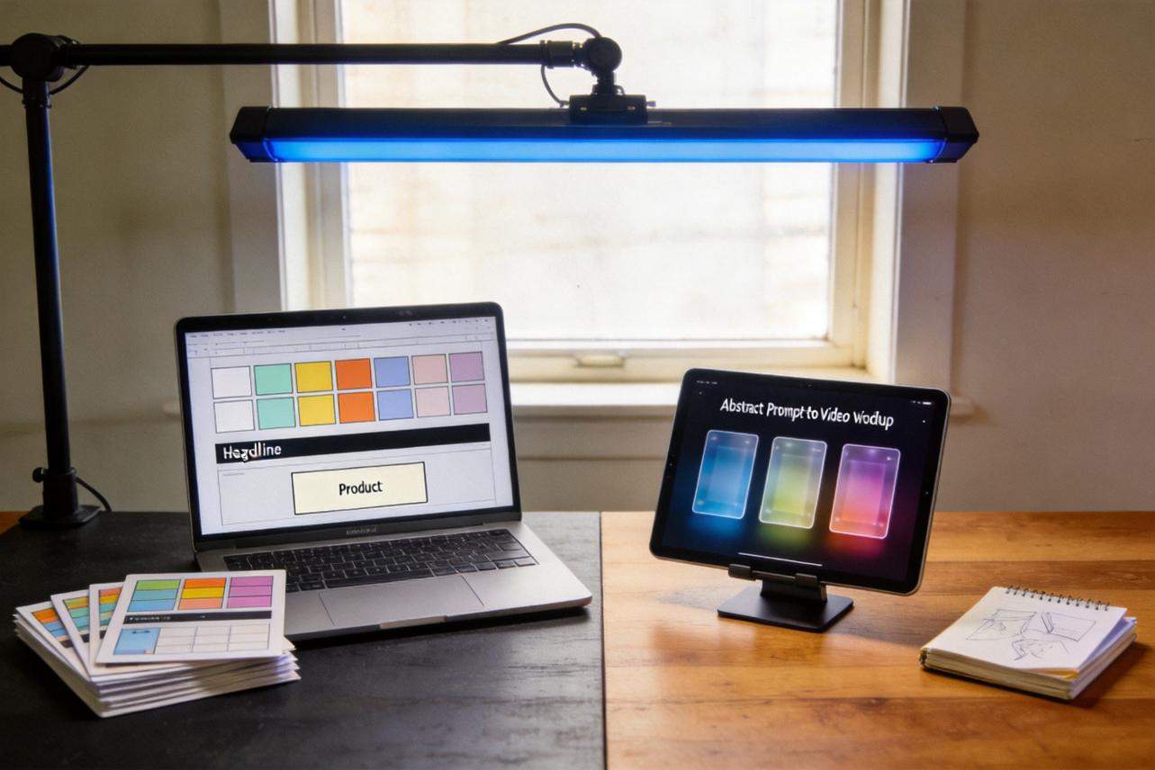 Laptop and tablet on a desk under a blue light, with color cards and sketchbooks beside them
